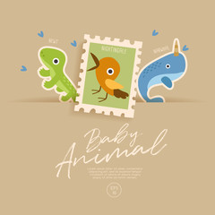 Postage stamp isolated on brown paper background with cute baby animals : Vector Illustration
