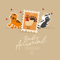 Postage stamp isolated on brown paper background with cute baby animals : Vector Illustration