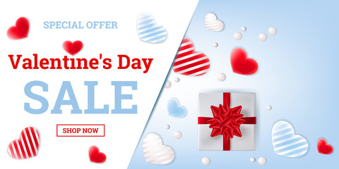 Valentine's Day sale, special offer. Discount banner on a sky blue background with realistic hearts and pearls 3D. Beautiful vector illustration. Design for paper, prints, brochures, covers, banners.