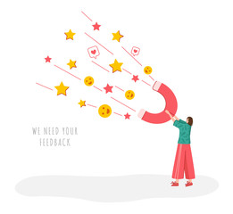 Client feedback concept, girl with giant magnet and customers review and feedbacks, online service evaluation, flat tiny character and rating stars, smiles, likes - Vector for banner, website