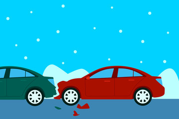 Fototapeta na wymiar Cars crashed on a slippery road. Winter accident. Flat design. Vector illustration