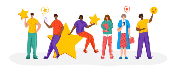 People with stars - Client feedback or review concept, online service evaluation, happy customers and their feedback, flat modern people and rating stars, smiles, likes, men and women, Vector