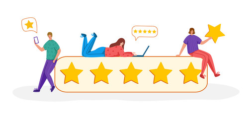 People with gadgets and stars - Client feedback or review concept, online service evaluation, young men and women and giant rating stars, flat tiny people and objects, trendy characters, Vector banner