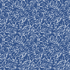 white curly swirl pattern on classic blue background