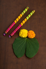 Indian Festival Dussehra and Navratri, showing golden leaf (Bauhinia racemosa) and marigold flowers...