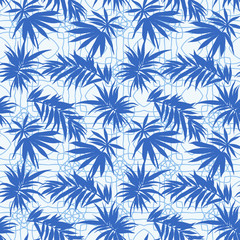 Blue palm leaves on a light blue geometric pattern background