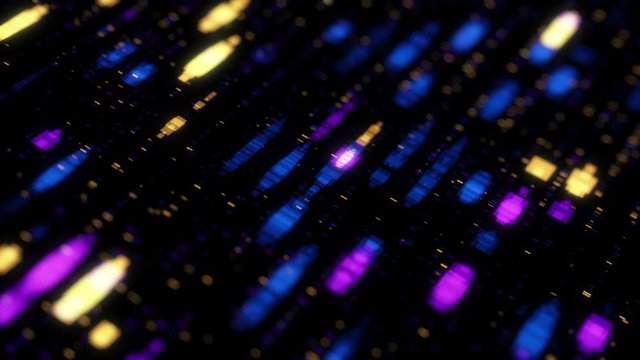 Bright neon strokes move in dark digital space. Animation. Beautiful strokes in digital format move and glow on black background. Background with space rain cyberspace