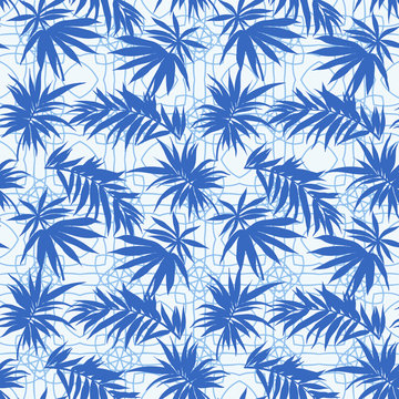 Blue Palm Leaves On A Light Blue Geometric Pattern Background