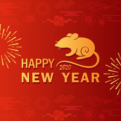 Fototapeta na wymiar Rat year greeting card flat vector template. Chinese New Year symbol on red background. Golden mouse silhouette with stylized oriental ornaments. Happy 2020 wish. Elegant winter postcard design.