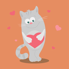 Cute cartoon cat with a heart in the form of a heart for Valentine's Day.