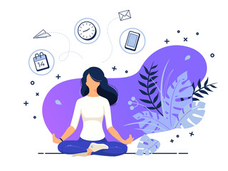 Vector illustration concept of business woman practicing meditation in office. The girl sits in the lotus position, the thought process, the inception and the search for ideas. Practicing Yoga in work - obrazy, fototapety, plakaty