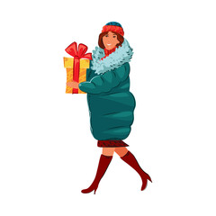 Young smiling woman carrying gift box in hands vector illustration