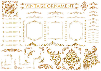 Vintage ornament set. Metallic golden pattern.