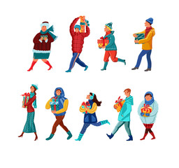 Set of people carrying holiday gift boxes vector illustration