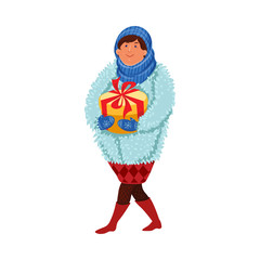 Smiling woman in fur coat carrying gift box vector illustration