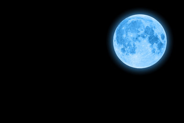Blue super moon glowing with blue halo isolated on black background copy space on the left