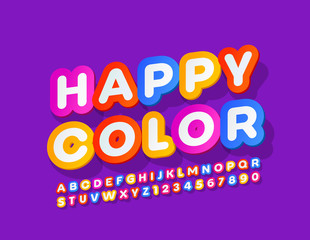 Vector funny sign Happy Color with creative Font. Bright Alphabet Letters and Numbers