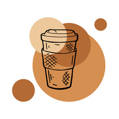 Hand drawn layout of logo with coffee takeaway cup. In doodle style, black outline on a round caramel color background. Cute element for cards, social media banners, stickers. Vector illustration