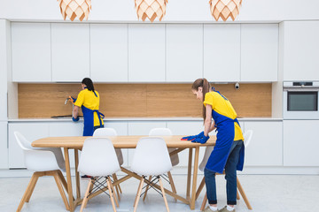 professional cleaning service. Two women in working uniform, in aprons, divide the cleaning of the kitchen of a private house, cottage. washing the refrigerator, tap, sink. Wash floor.