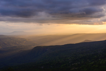 Obraz na płótnie Canvas Sunset at Loei Province, Phu Kradueng National Park Thailand. Landscape view from mountain.