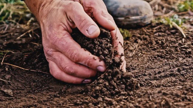 A farmer picks up a handful of soil from the floor as it spills out of his hands in slow motion