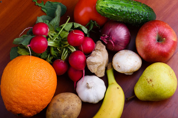 Fruits and veggies on a wooden table