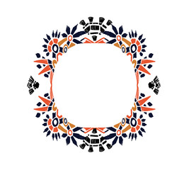 Frame with hand-drawn ikat motif ornament. Vector card decor. Isolated circular ornate.