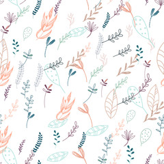 Trendy outline native foliage and leaves seamless pattern. Small and medium elements paradise flora leaves. Vector illustration. on white background