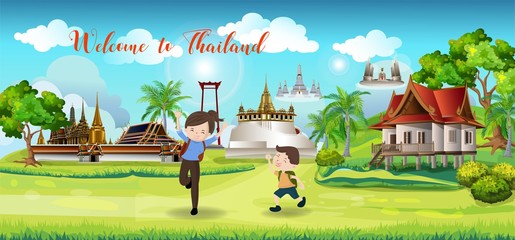 Cartoon landscap.Panorama view of Thailand landmrak for tourist
