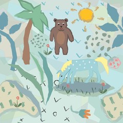 Funny Seamless Pattern with horse and bear. Creative Design.
