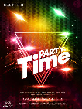 Night dance party music poster template with a light circle, disco ball, light effects. EPS10. Electro style disco club party event flyer invitation. Elements are layered separately in vector file.