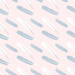 Seamless pattern with feathers. Pink background with feathers.