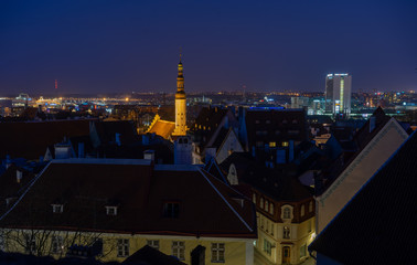 21 April 2018 Tallinn, Estonia. View of the Old town from the observation deck at night