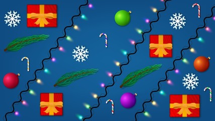 Christmas and New Year vector background. Holiday pattern with gift box, snowflakes, candle, garland, balls and branches for wallpaper, poster, card, banner.