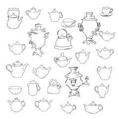 set of teapot, samovar, vector sketch 