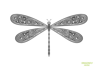 Dragonfly silhouette .Flying insect with decorative art wings.Dragonfly for design Vector illustration .