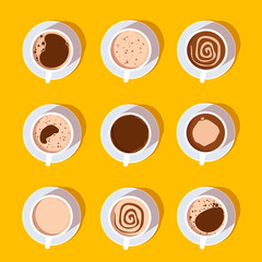 Coffee cups top view collection. Different types of coffee. Menu icons. Vector flat