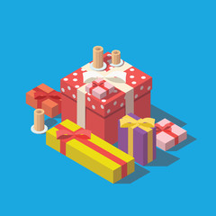 Pile of colorful wrapped gift boxes on blue background. Christmas gift box. Isometric vector illustration, isolated objects.