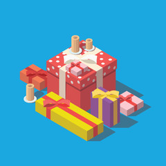 Obraz premium Pile of colorful wrapped gift boxes on blue background. Christmas gift box. Isometric vector illustration, isolated objects.