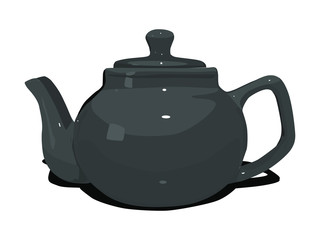 The ceramic teapot is dark gray. Kettle for brewing tea. A tea kettle with a lid and a clay handle. Kettle round for tea drinking.