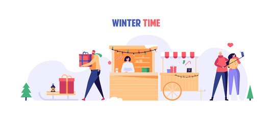 Happy people carry presents, sells gift boxes and walking at Christmas market. Winter activities, christmas fair, walking outdoor concept for banner. Vector illustration in flat design.
