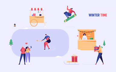 Happy people snowboarding, play hockey, sells gift boxes and walking at Christmas market. Winter activities, christmas fair, walking outdoor concept for banner. Vector illustration in flat design.