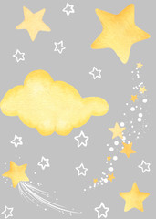 Hand drawn watercolor isolated illustration on the flat background. Cosmos theme objects set pattern