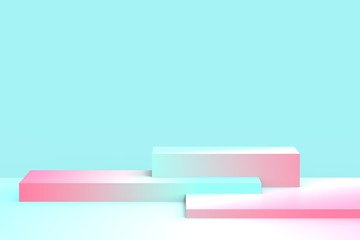 3d blue pink cubes gradient colors in soft pastel minimal studio background. Abstract 3d geometric shape object illustration render. Display for summer holiday product.