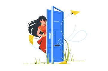 Abstract illustration of woman opening door for unsubscribe.
