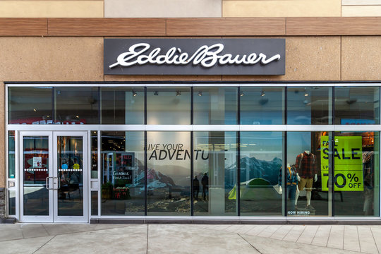 Niagara On the Lake, Canada- September 10, 2019: Eddie Bauer storefront in Outlet Collection at Niagara. Eddie Bauer is a clothing store operated by American company Eddie Bauer, LLC 