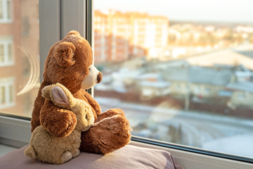 Pair of toys. Bunny and teddy bear  Embracing loving teddy bear toy and bunny sitting on window-sill