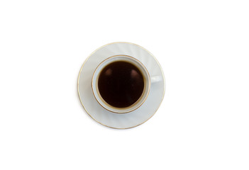 one white cup and saucer with black coffee on a white background