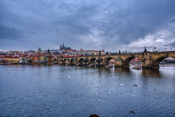 krasluv bridge with castle and cathedral with beautiful cloudy sky