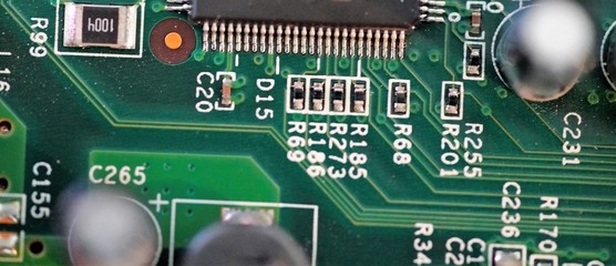 Macro view on micro circuit integrated board with chip details